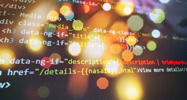 programming code screen of software developer. software programming work time. code text written and created