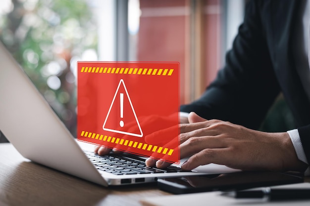 Protection against personal data hacking exclamation mark Computer virus detected warning Cybercrime protection