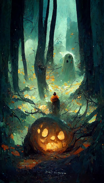 pumpkin ghost in the forest 3d illustration