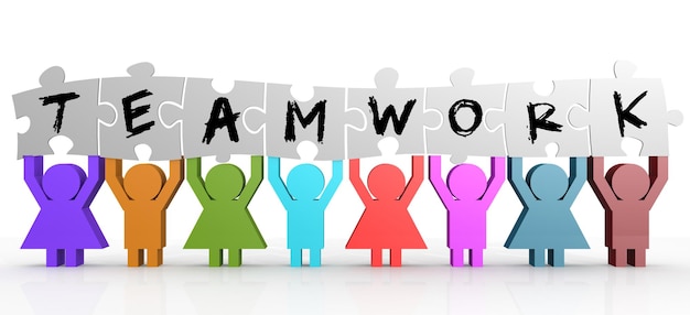 Puppet hold puzzle with teamwork word