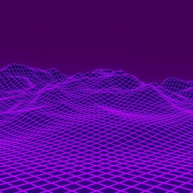 Purple grid neon mountain Wireframe terrain