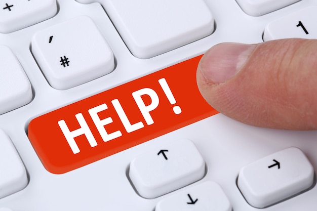 Pushing help button for problem and solution support with computer