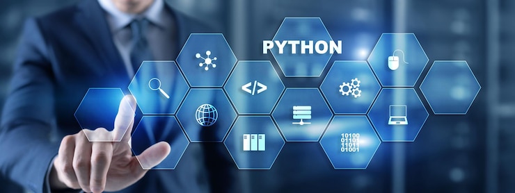 Foto python programmeringssprog programmerings workflow abstrakt algoritme koncept på virtuel skærm