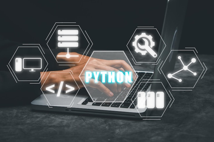 Bild python programming languageman using laptop computer with python programming icon on virtual screen application and web development concept