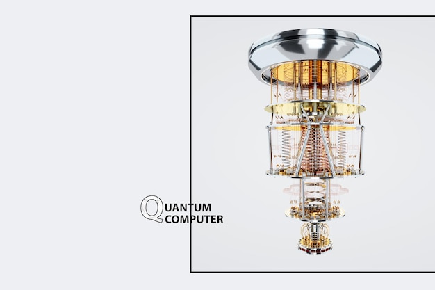Quantum computer gold silver mechanism isolated on white background Mechanism quantum computing quantum cryptography steampunk Q bits parallel computing 3D illustration 3D render