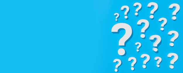 Question sing in panoramic blue studio background with space for text