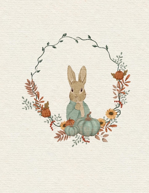 Rabbit illustration, greeting card with rabbit, autumn card, thanksgiving day, invitation