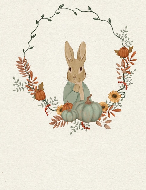 Rabbit illustration, greeting card with rabbit, autumn card, thanksgiving day, invitation