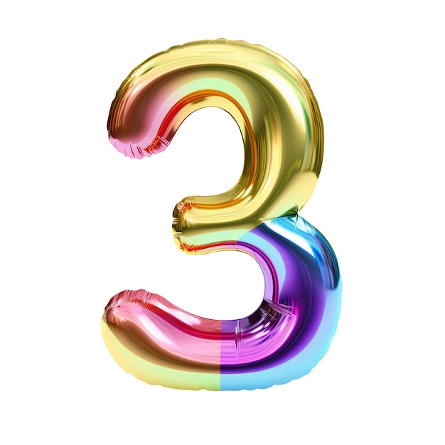 Rainbow metallic number 3 balloon Realistic 3D on white background Generative AI