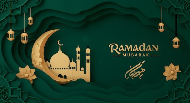 ramadan mubarak greeting card with islamic paper cut design