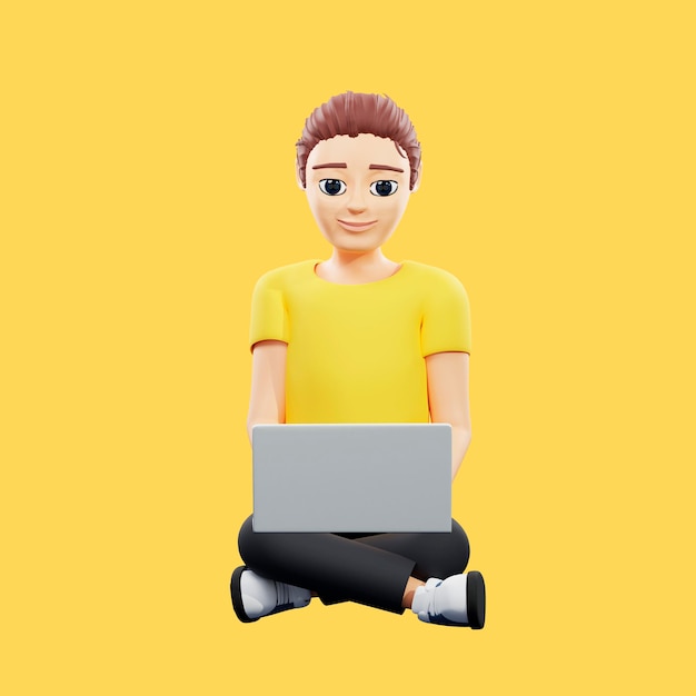 Raster illustration of man working on a laptop Young guy in a yellow tshirt sits in the lotus position and clicks the computer surfs the internet 3d rendering artwork for business and advertising