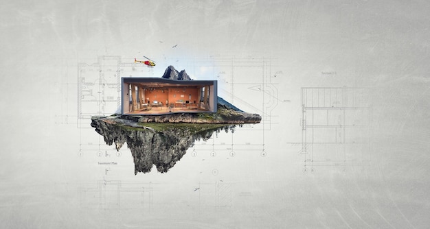 real estate concept with a house model. mixed media