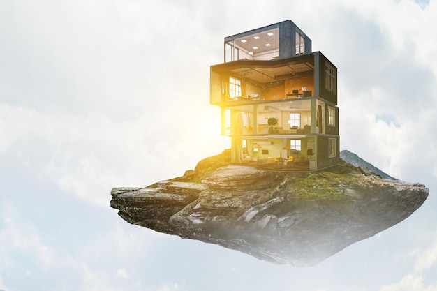 real estate concept with floating building. mixed media