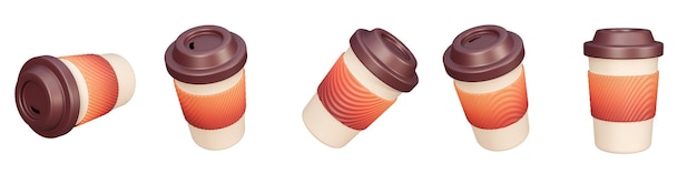 Realistic 3d paper coffee cup icon set closeup on white background 3d render of menu signs symbol
