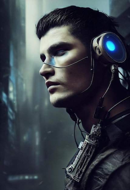 Realistic portrait of a scifi cyberpunk men in a cyber suit Hightech futuristic man from the future