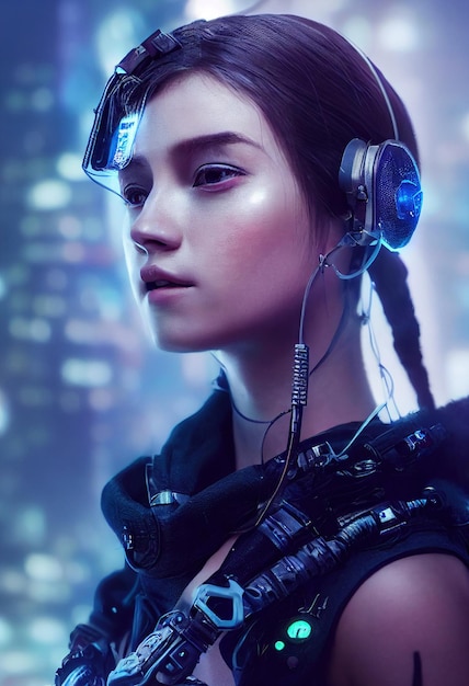 Realistisk portræt af en scifi-cyberpunkpige i en cyberdragt. Hightech futuristisk mand fra fremtiden