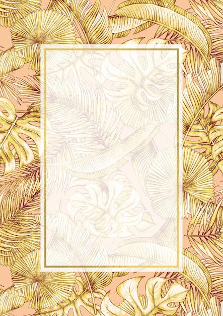 Rectangular A4 template for text with tropical palm monstera leaves Frame or border with tropic motifs Illustration for romantic pretty wedding invitation greeting card cosmetic label design