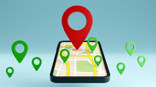 red and green navigator pin checking with a map on smartphone background 3d rendering illustration