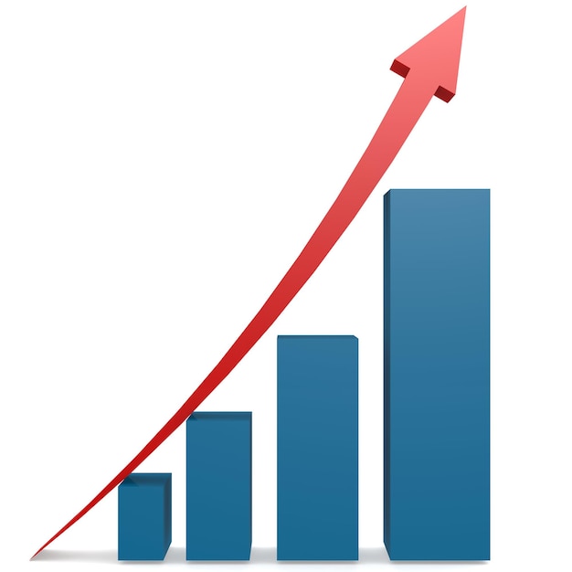 Red arrow and blue bar chart