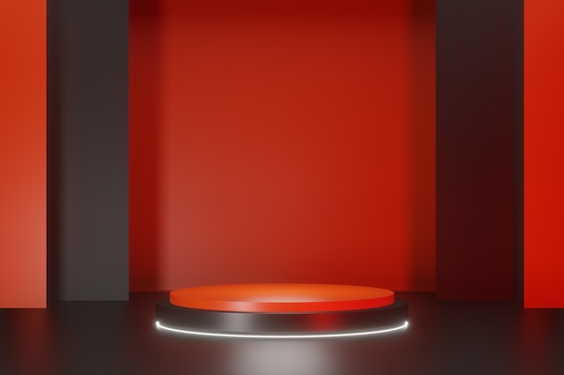 Red black cylinder podium stage background. 3D illustration rendering.