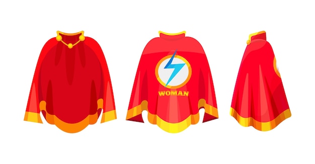 Red cape superhero woman cape carnival costume Beautiful female festive costumes with icon logotype front back and side view Clothes masquerade fancy dress Vector illustration