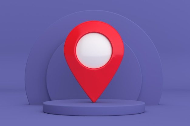 Red Map Pointer Pin over Violet Very Peri Cylinders Products Stage Pedestal on a Violet Very Peri background 3d Rendering