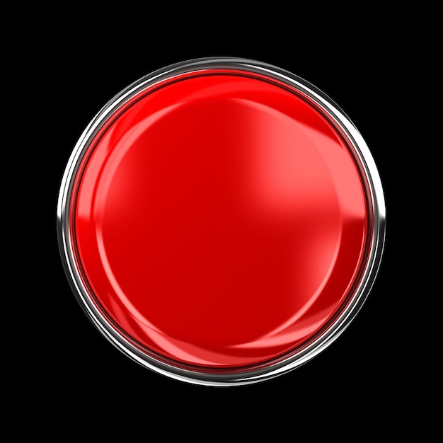 red threedimensional button on a black background in a chromerimmed frame