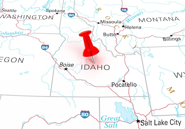 Red Thumbtack Over Idaho State USA Map. 3D rendering