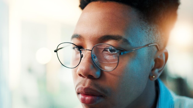 Reflection glasses and code with business man cyber security network domain and programmer analyst Server encryption tech startup and software review with person in IT firm for VPN system
