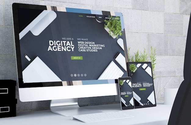 Responsive devices showing responsive digital agency website  on desktop 3d rendering