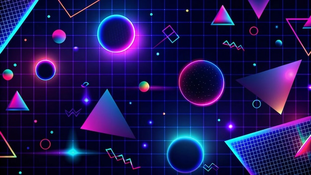 Retro 80s neon geometric shapes on a grid background