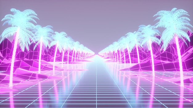 Retro 80s style synthwave sunrise with palm trees