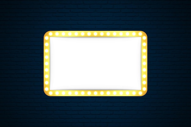 Retro frame with glowing lamps on blue brick wall