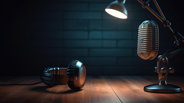 Retro style microphone and headphones on background Generative Ai