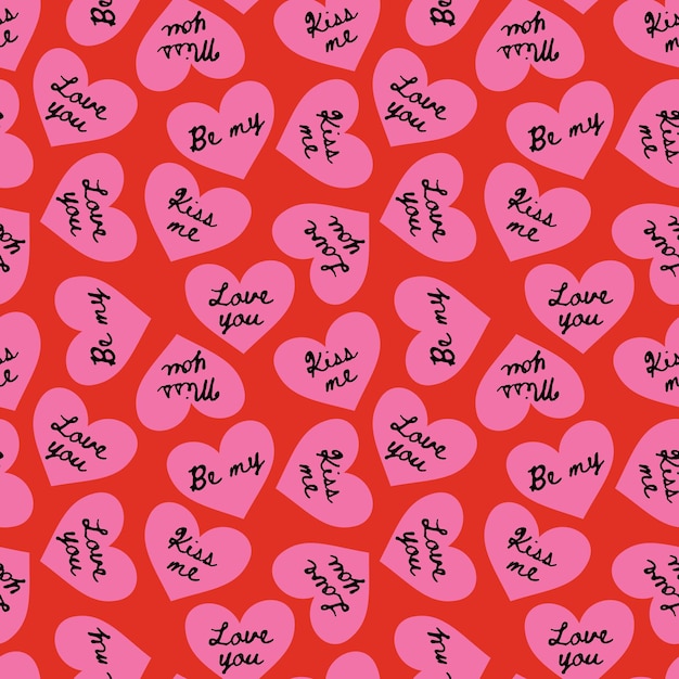 Retro Valentine39s Day romantic seamless pattern with cute cartoon hearts Love background for february 14