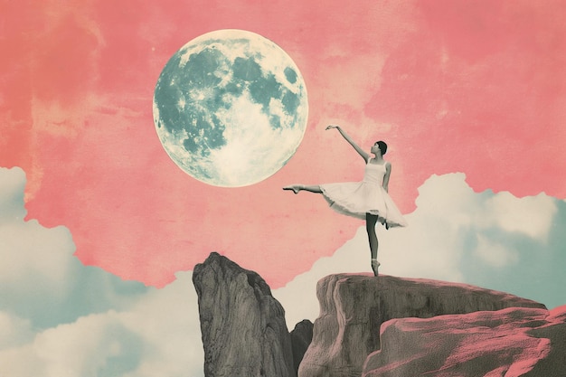 retro vintage collage ballerina and moon