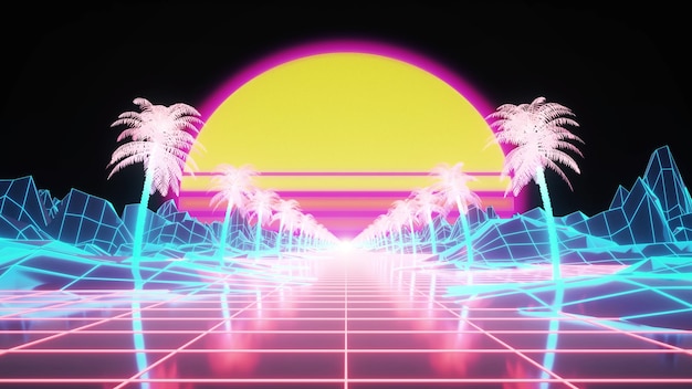Retrowave background with sun, and neon grid on terrain. 3d rendering.