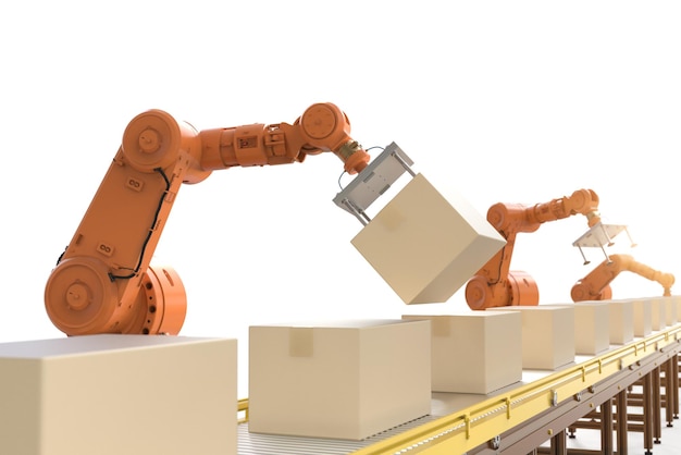 Robot assembly line with cardboard boxes
