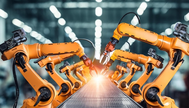 Robot Factory An assembly line in a hightech robot factory with robots being built
