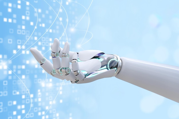 Robot hand side view background presenting technology gesture