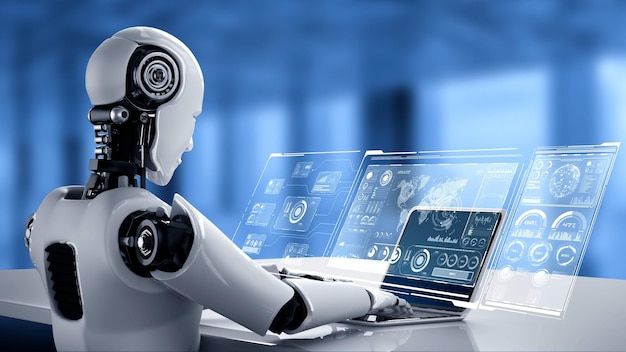 Robot hominoid use laptop and sit at table for big data analytic