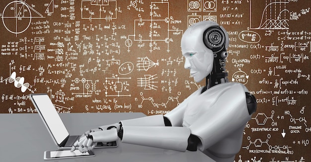Robot hominoid use laptop and sit at table for engineering science studying
