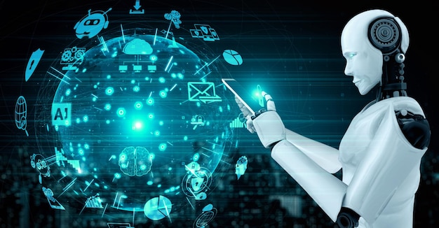 Robot hominoid use mobile phone or tablet for global network connection