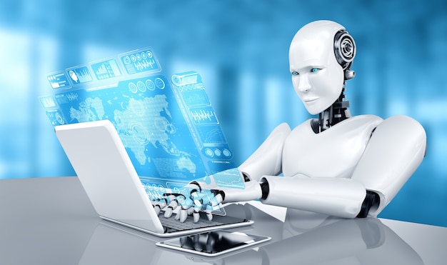 Robot humanoid use laptop and sit at table for big data analytic