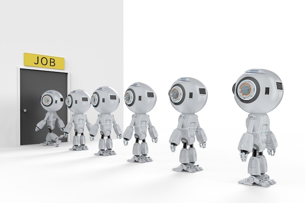 robot replace human job concept with 3d rendering robot walk in line to recruitment