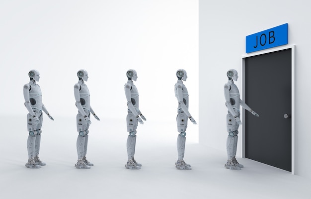 robot replace human job concept with 3d rendering robot walk in line to recruitment
