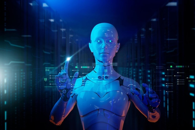 Robot trading metaverse business finance stock exchange market trading graph chart economy financial planning business growth management data analytics