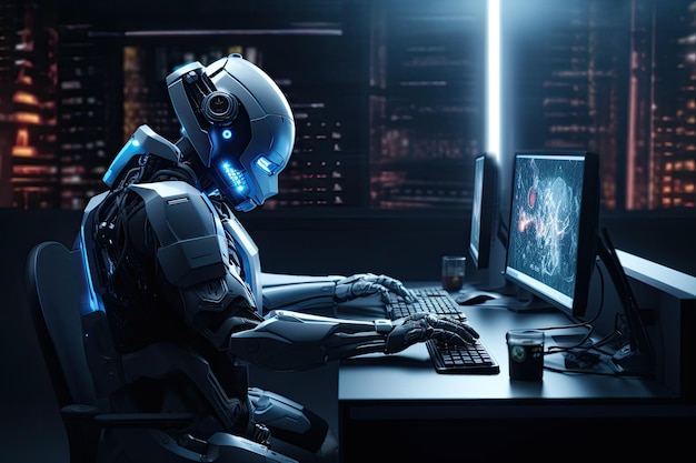 Robot working on desktop computer in dark office 3d rendering humanoid robot working with a computer in a dark office room A futuristic AI robot programming on a personal computer AI Generated