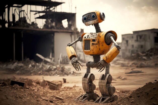 Robotic android robot helps at construction and erects building generative ai