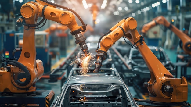 Robotic Arms Assembling Car in Factory